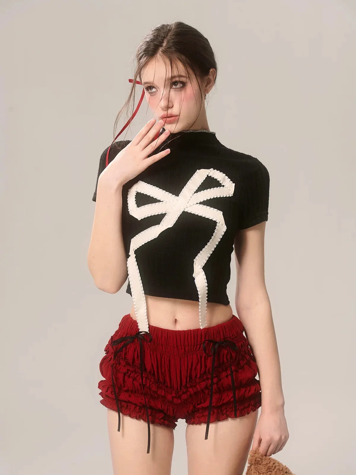 Neck Sweet Big Short American T-Shirt High Ribbon