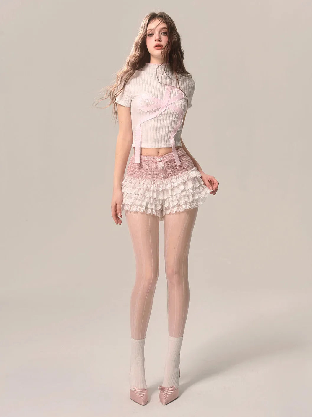Neck Sweet Big Short American T-Shirt High Ribbon
