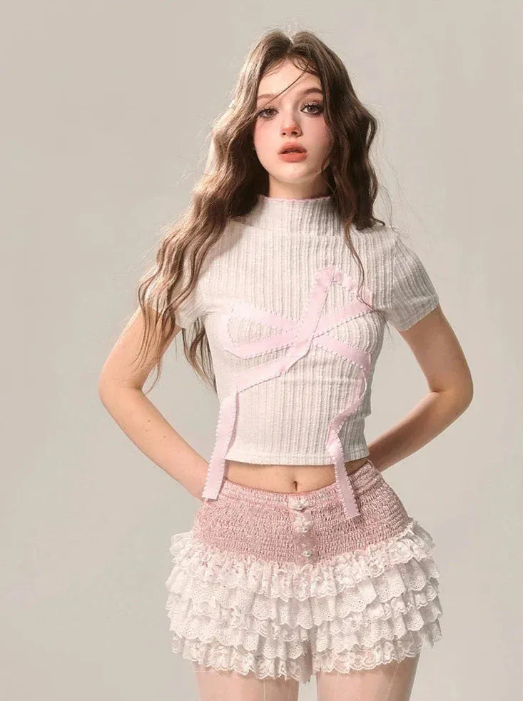Neck Sweet Big Short American T-Shirt High Ribbon