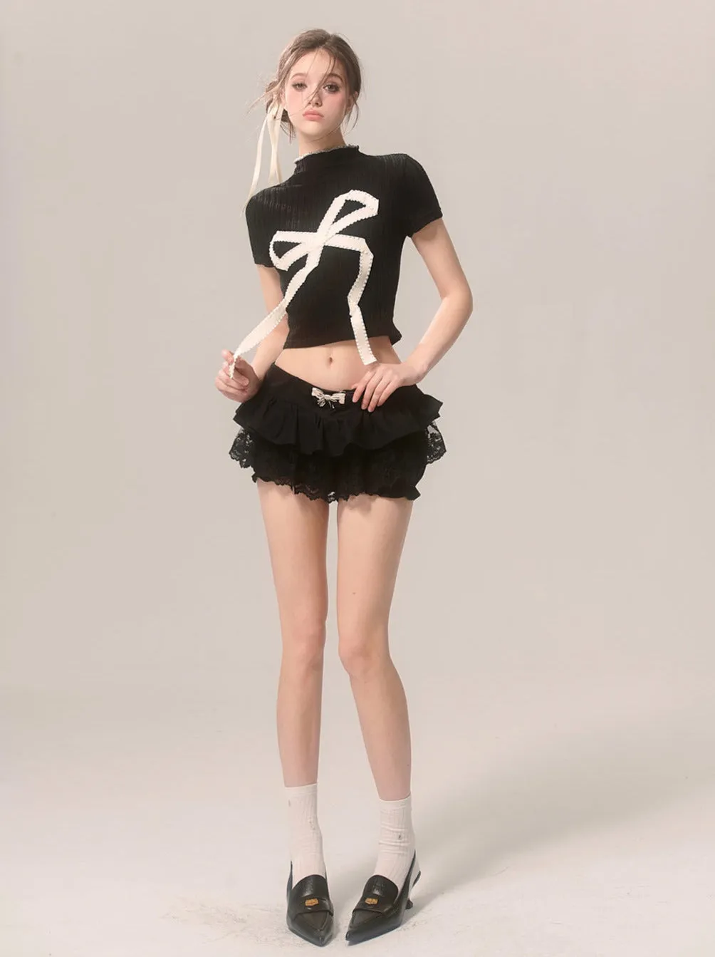 Neck Sweet Big Short American T-Shirt High Ribbon