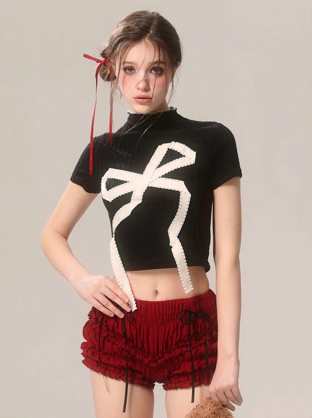 Neck Sweet Big Short American T-Shirt High Ribbon