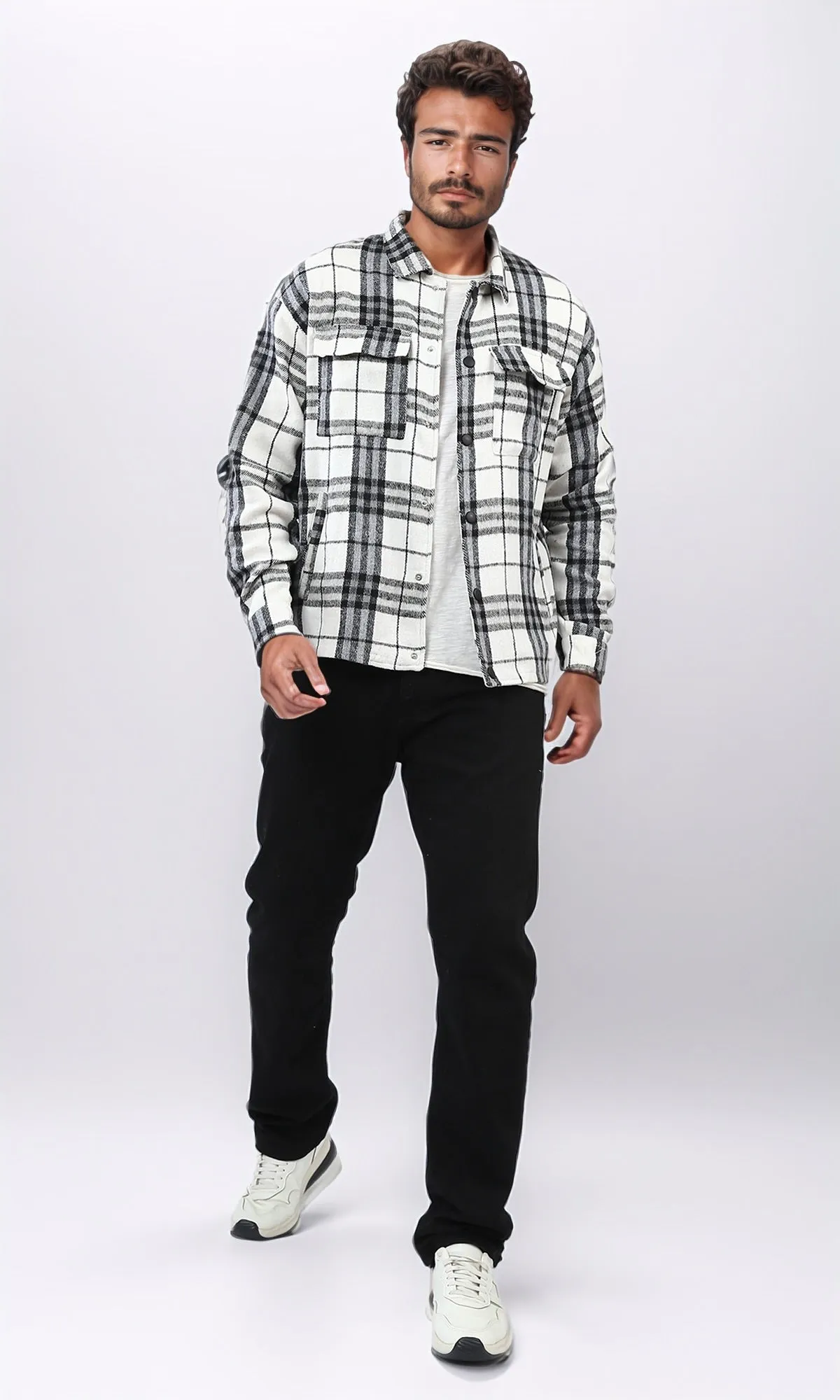 o200616 - Full Buttoned Plaids Heavy Winter Shirt - White & Blue