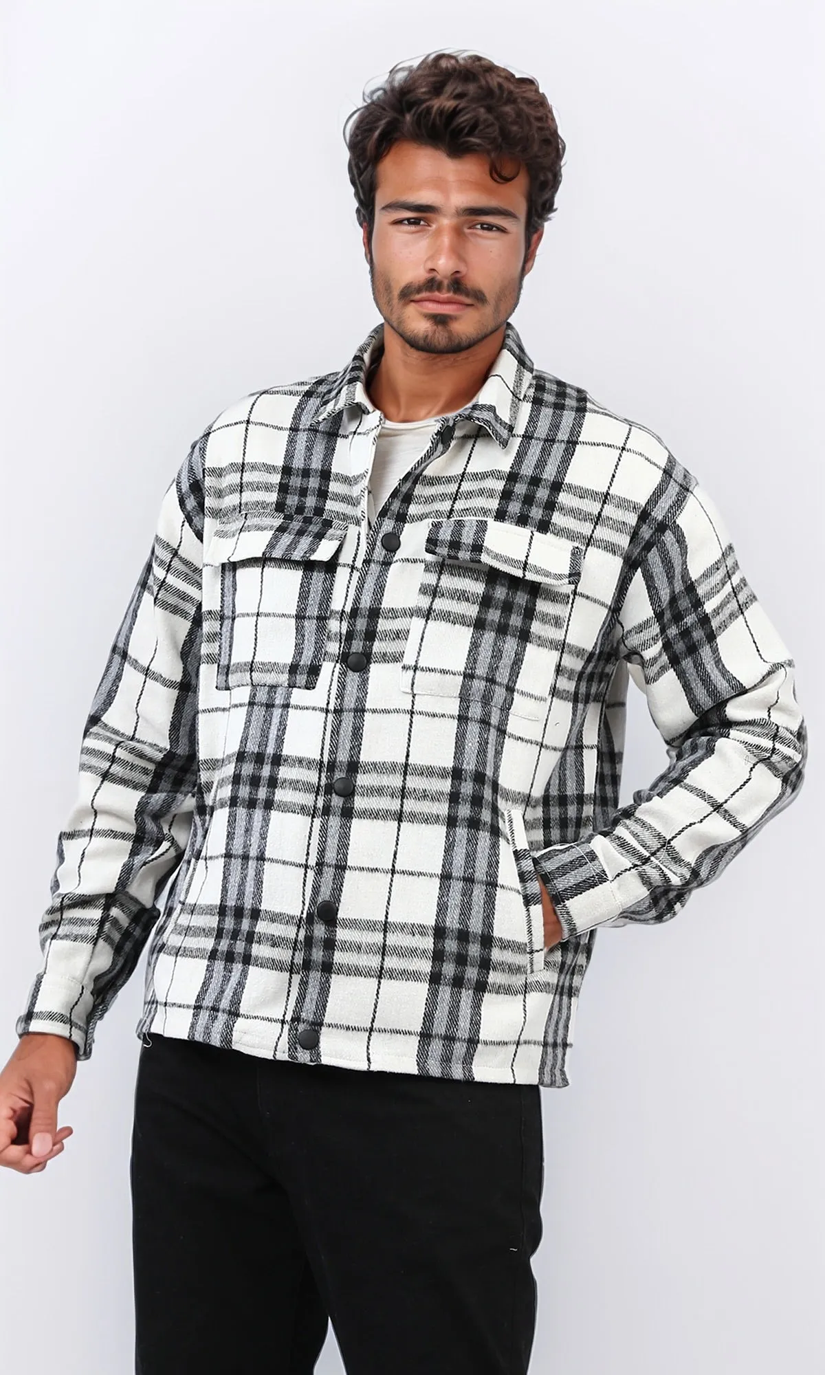 o200616 - Full Buttoned Plaids Heavy Winter Shirt - White & Blue