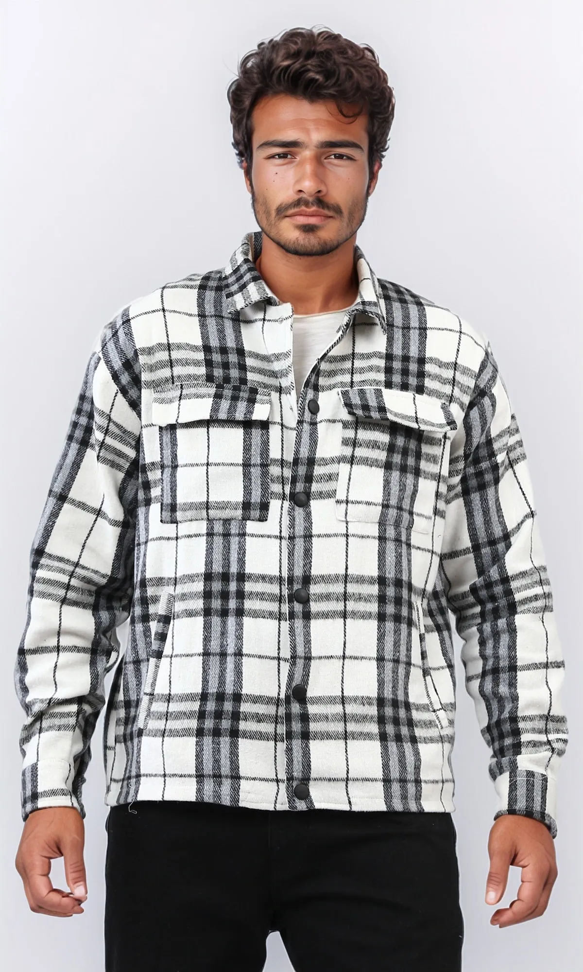 o200616 - Full Buttoned Plaids Heavy Winter Shirt - White & Blue