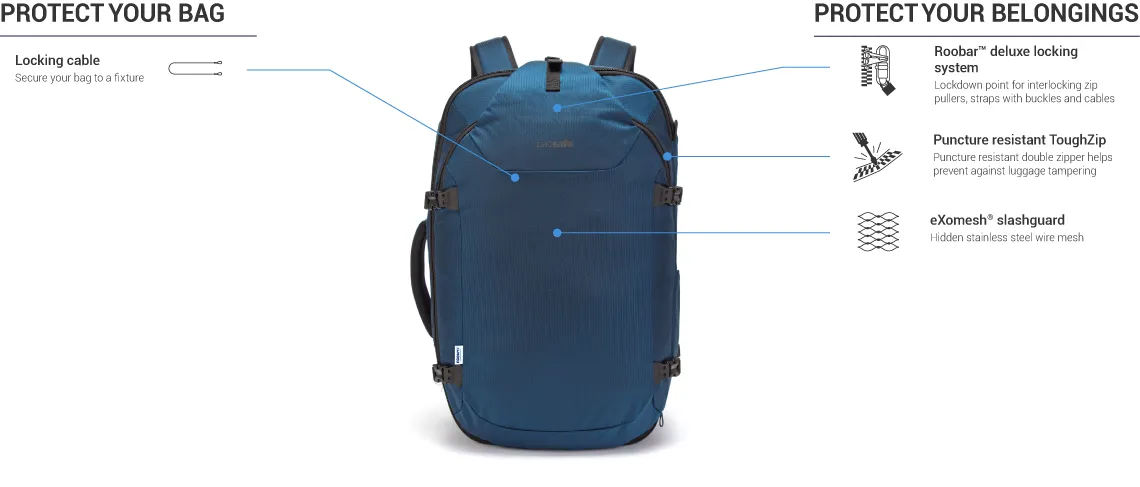Pacsafe Venturesafe EXP45 anti-theft recycled ECONYL carry-on travel pack