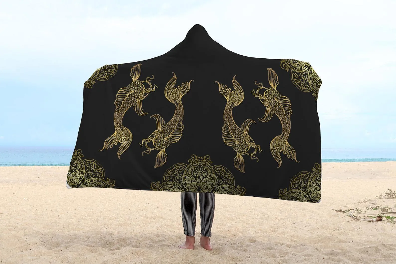 Pisces Zodiac Hooded Blanket, Hooded PiscesThrow, Golden Color Fish Lover Blanket, Vivid Pattern Blanket, Teen Girls Adult Hooded Blanket