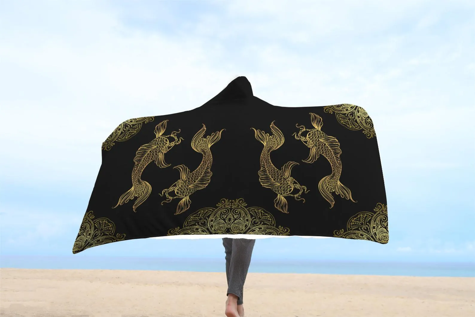 Pisces Zodiac Hooded Blanket, Hooded PiscesThrow, Golden Color Fish Lover Blanket, Vivid Pattern Blanket, Teen Girls Adult Hooded Blanket