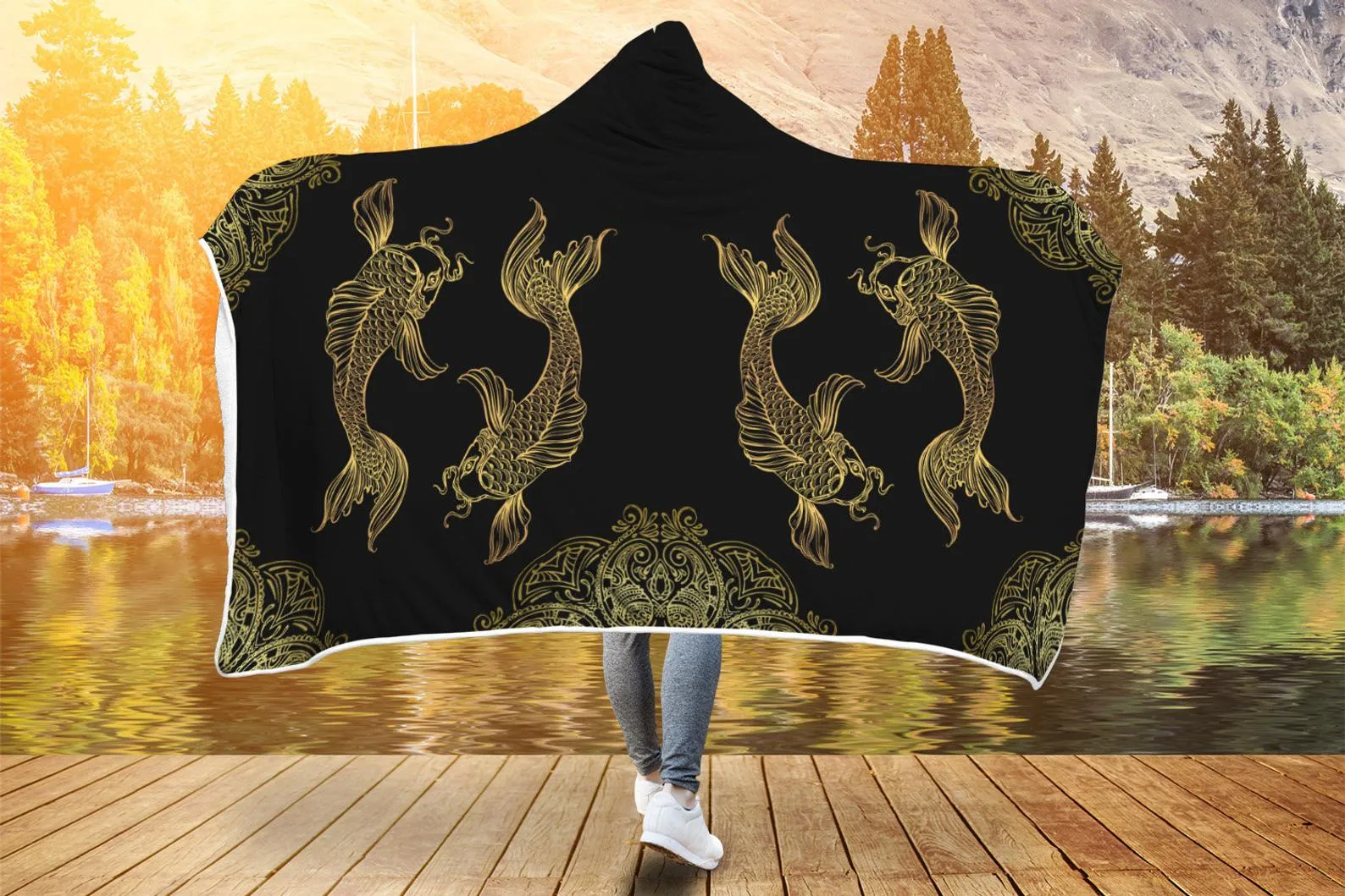 Pisces Zodiac Hooded Blanket, Hooded PiscesThrow, Golden Color Fish Lover Blanket, Vivid Pattern Blanket, Teen Girls Adult Hooded Blanket