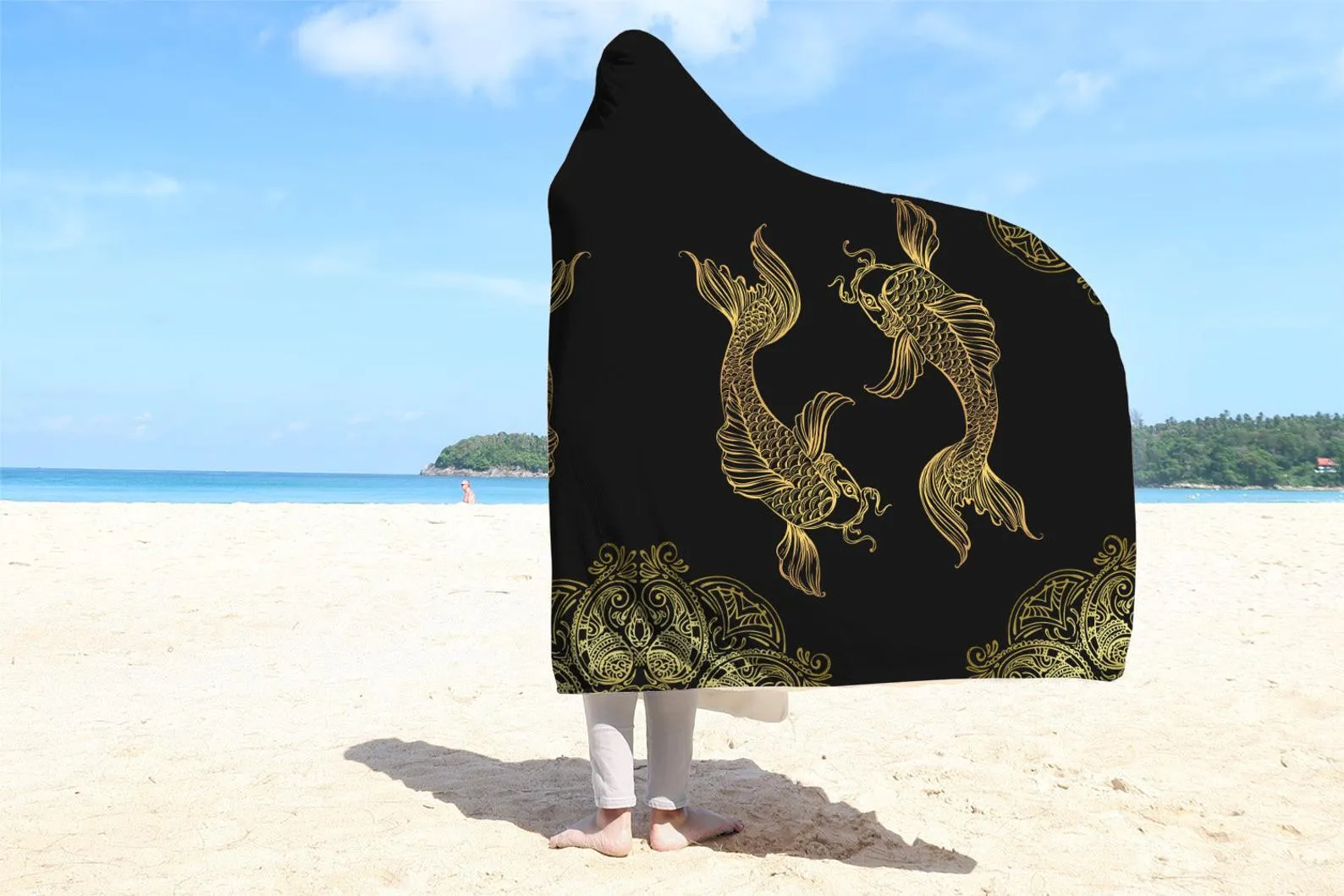 Pisces Zodiac Hooded Blanket, Hooded PiscesThrow, Golden Color Fish Lover Blanket, Vivid Pattern Blanket, Teen Girls Adult Hooded Blanket