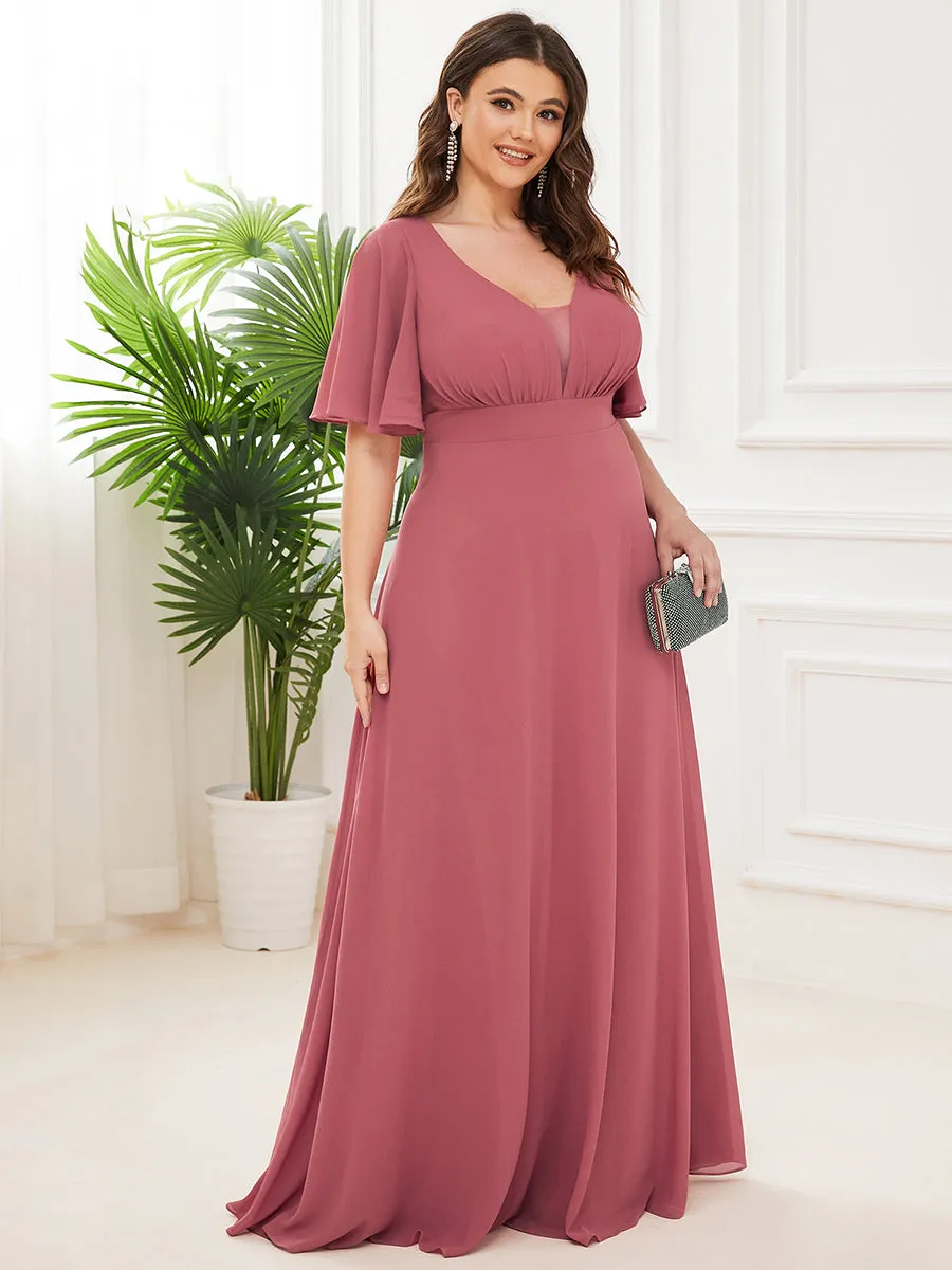 Plus Size Deep V Neck Short Ruffles Sleeves A Line Wholesale Bridesmaid Dresses