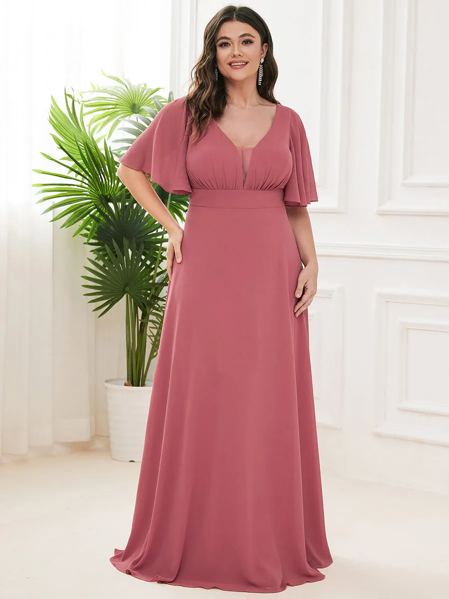 Plus Size Deep V Neck Short Ruffles Sleeves A Line Wholesale Bridesmaid Dresses