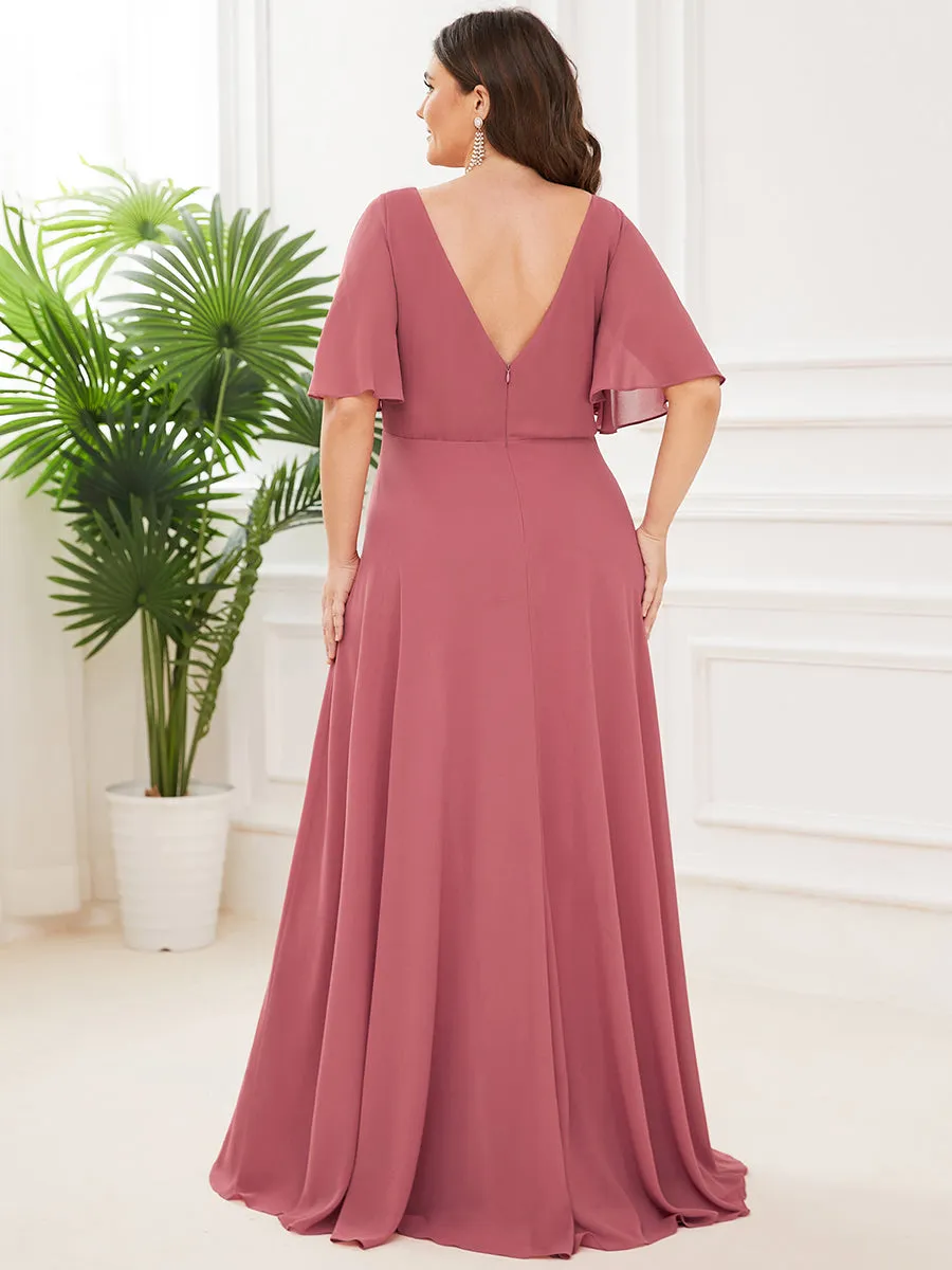 Plus Size Deep V Neck Short Ruffles Sleeves A Line Wholesale Bridesmaid Dresses