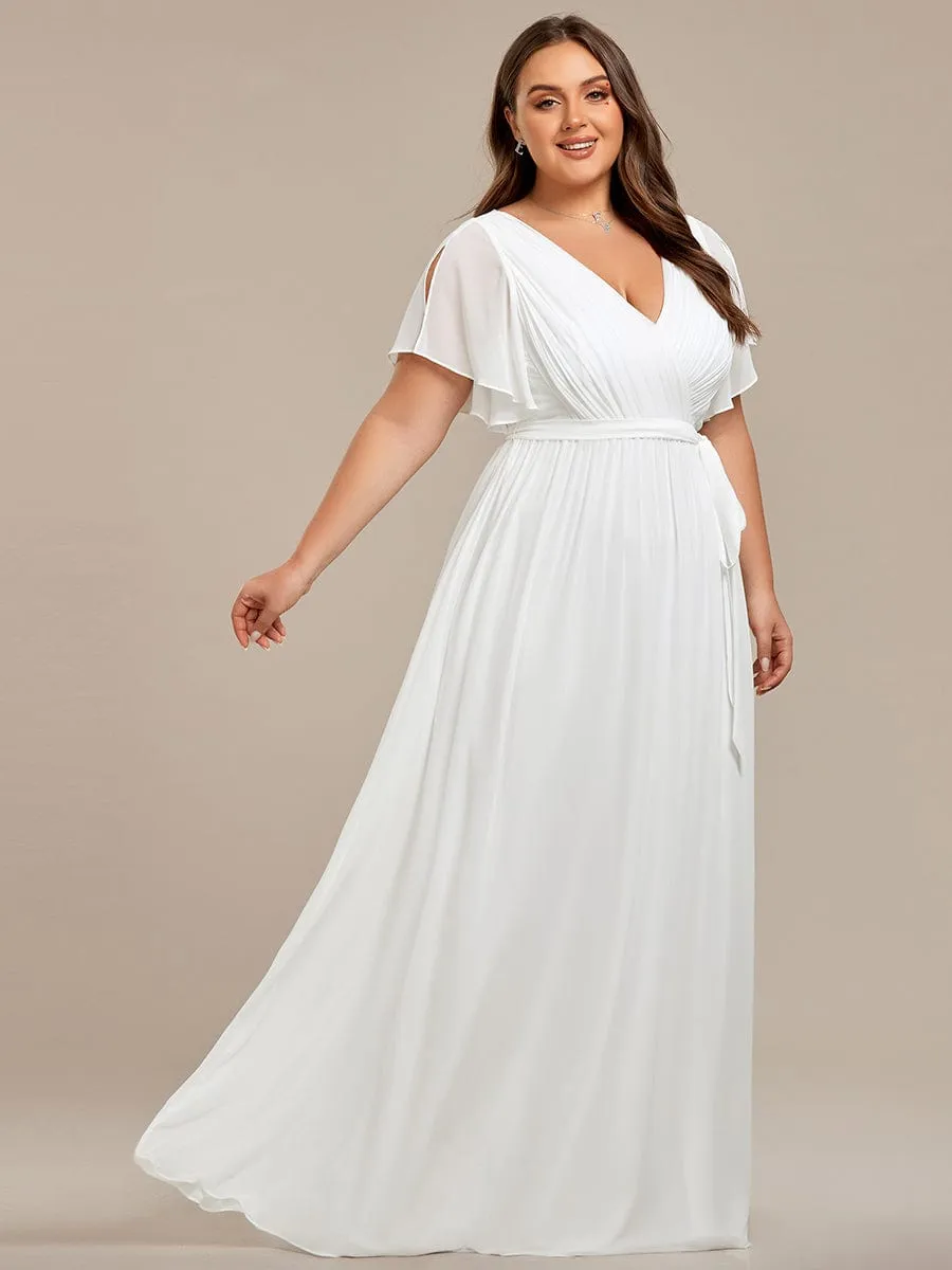 Plus Size Ruffle Pleated Chiffon Tie-Waist Evening Dress