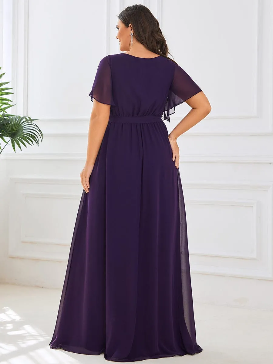 Plus Size Ruffle Pleated Chiffon Tie-Waist Evening Dress