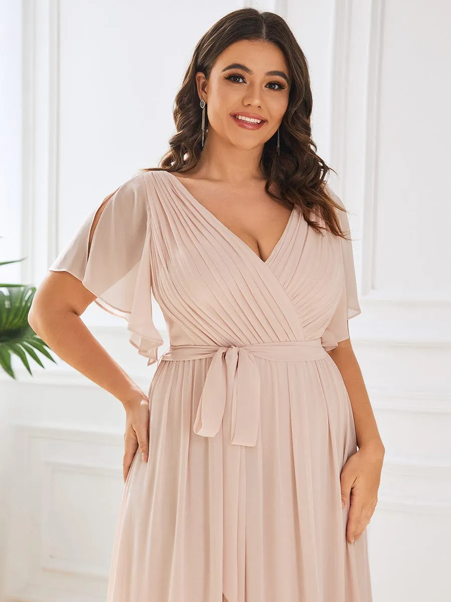 Plus Size Ruffle Pleated Chiffon Tie-Waist Evening Dress