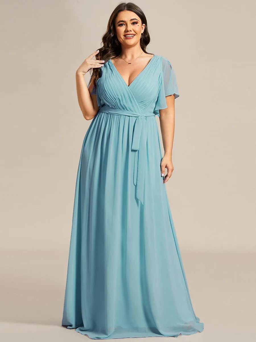 Plus Size Ruffle Pleated Chiffon Tie-Waist Evening Dress