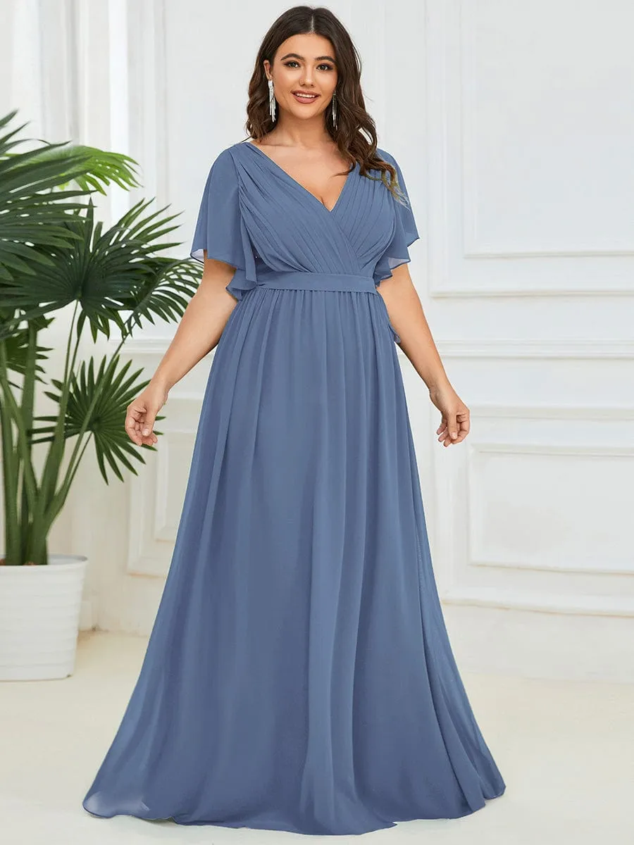 Plus Size Ruffle Pleated Chiffon Tie-Waist Evening Dress