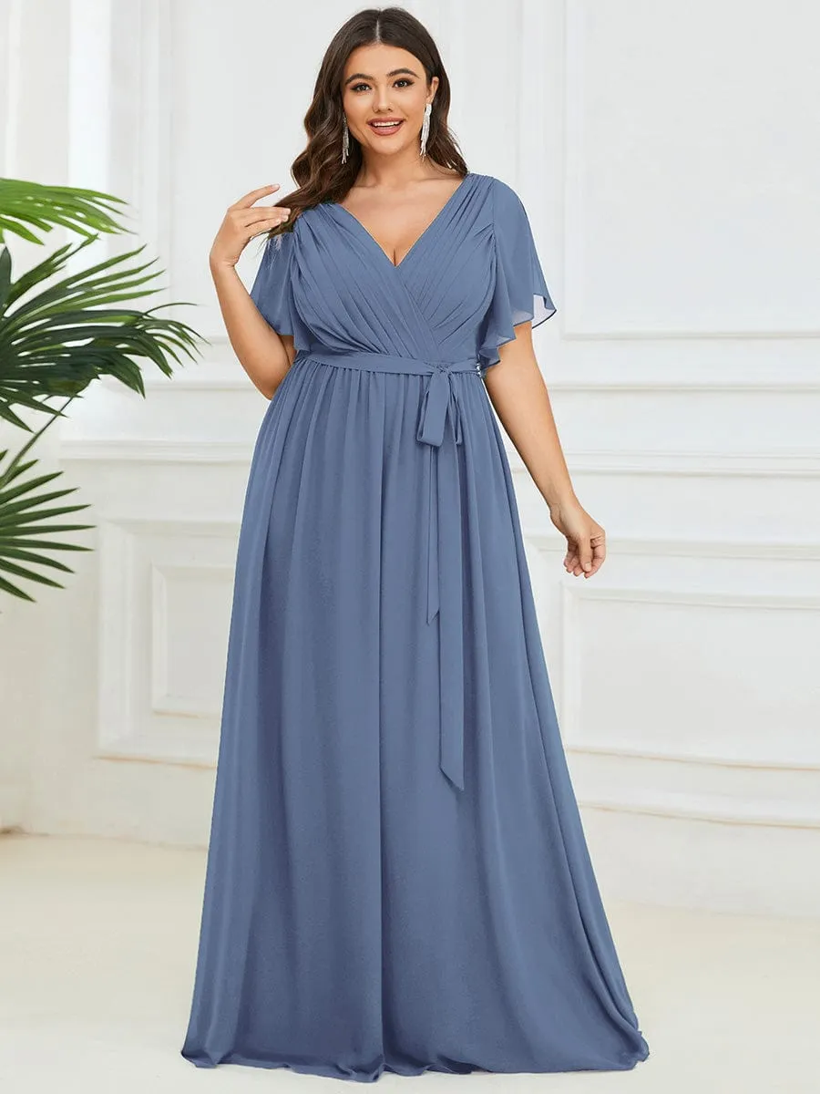 Plus Size Ruffle Pleated Chiffon Tie-Waist Evening Dress