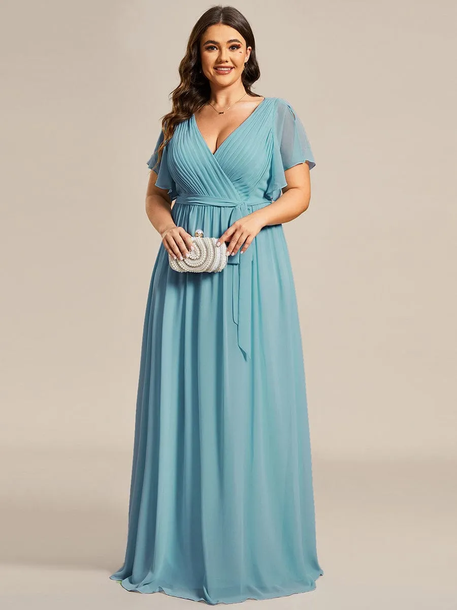 Plus Size Ruffle Pleated Chiffon Tie-Waist Evening Dress