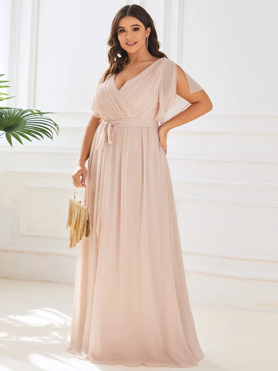 Plus Size Ruffle Pleated Chiffon Tie-Waist Evening Dress