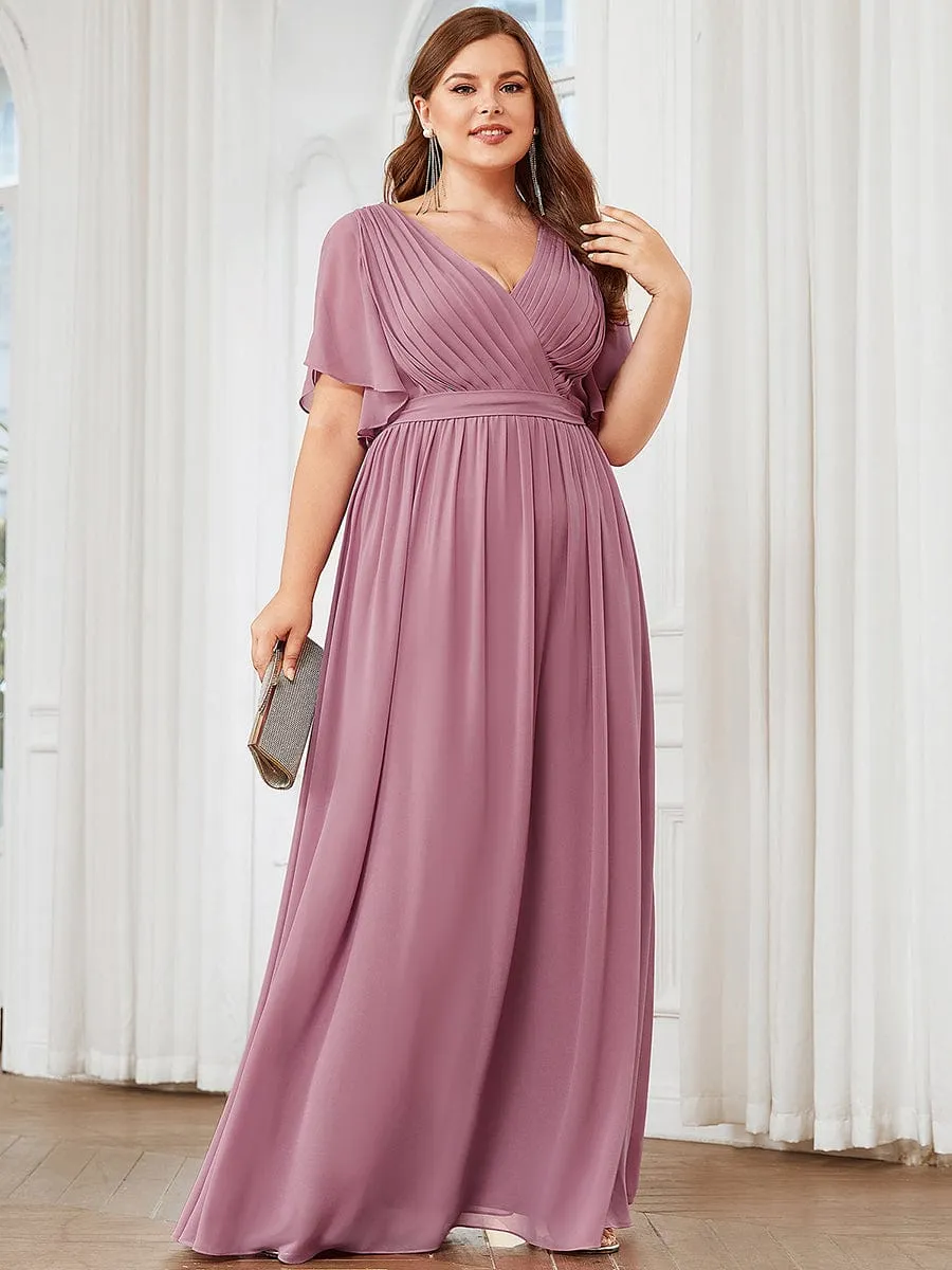 Plus Size Ruffle Pleated Chiffon Tie-Waist Evening Dress