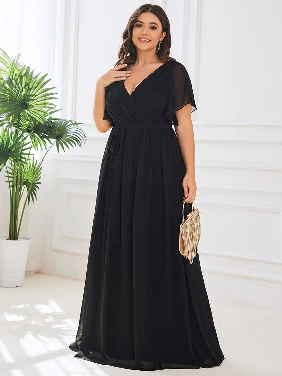 Plus Size Ruffle Pleated Chiffon Tie-Waist Evening Dress