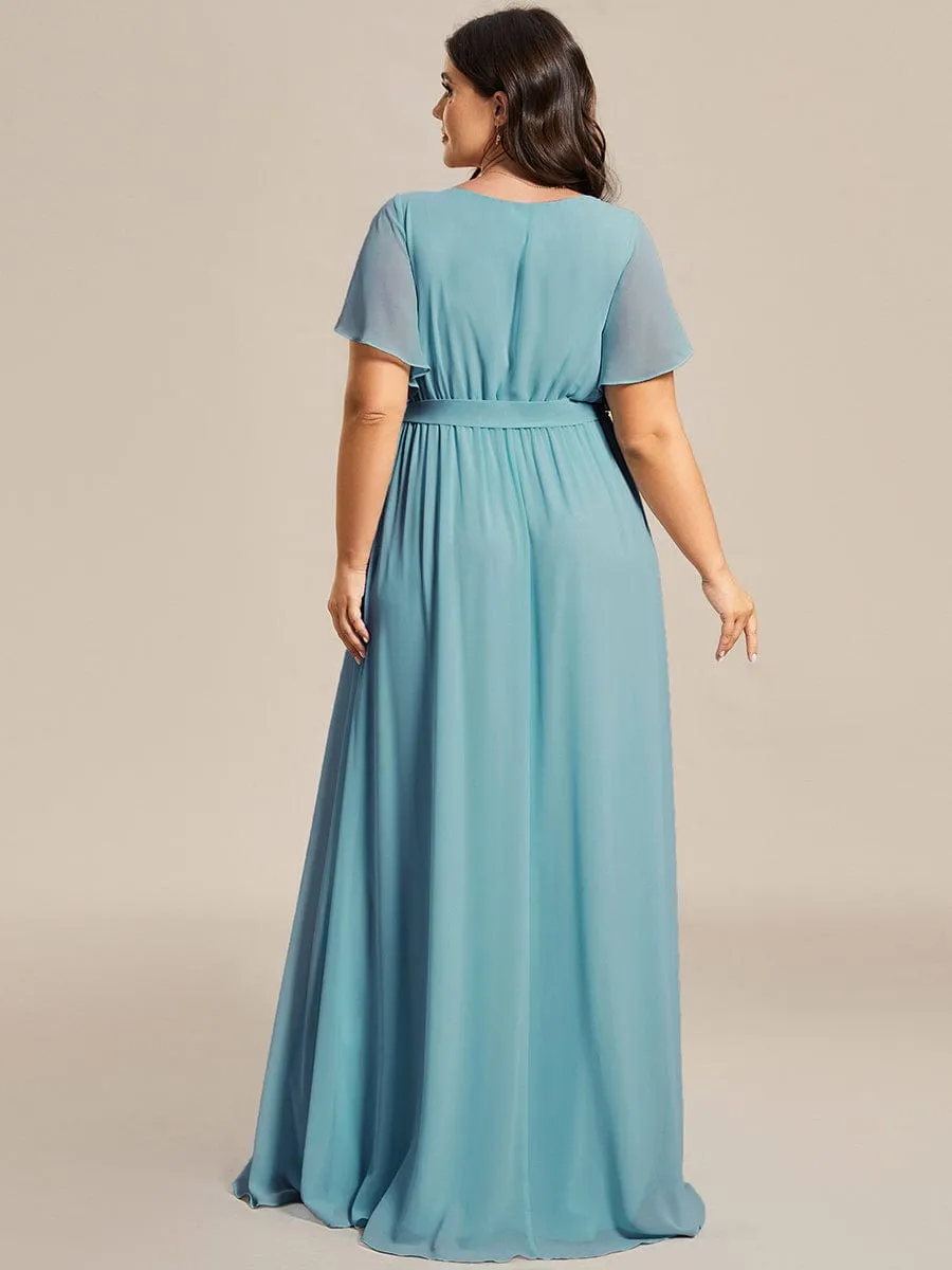Plus Size Ruffle Pleated Chiffon Tie-Waist Evening Dress