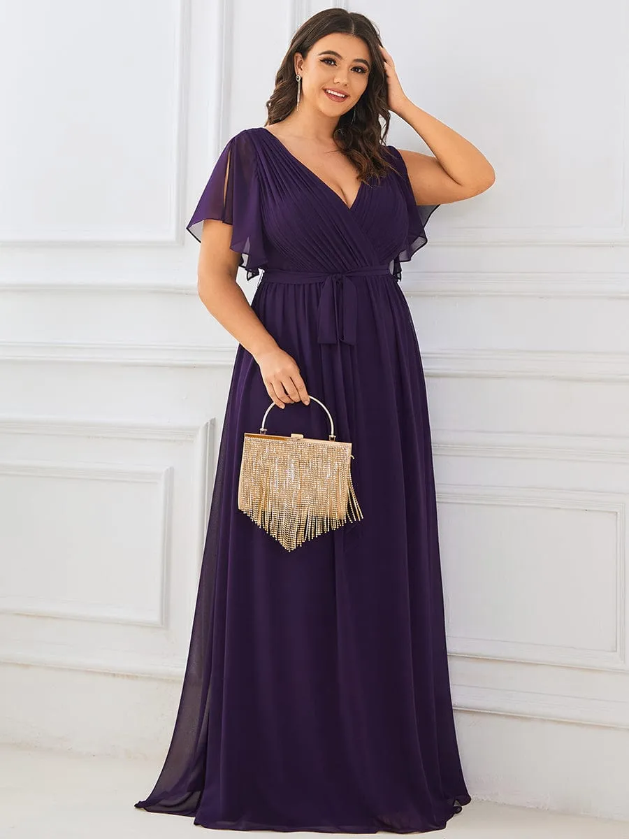 Plus Size Ruffle Pleated Chiffon Tie-Waist Evening Dress