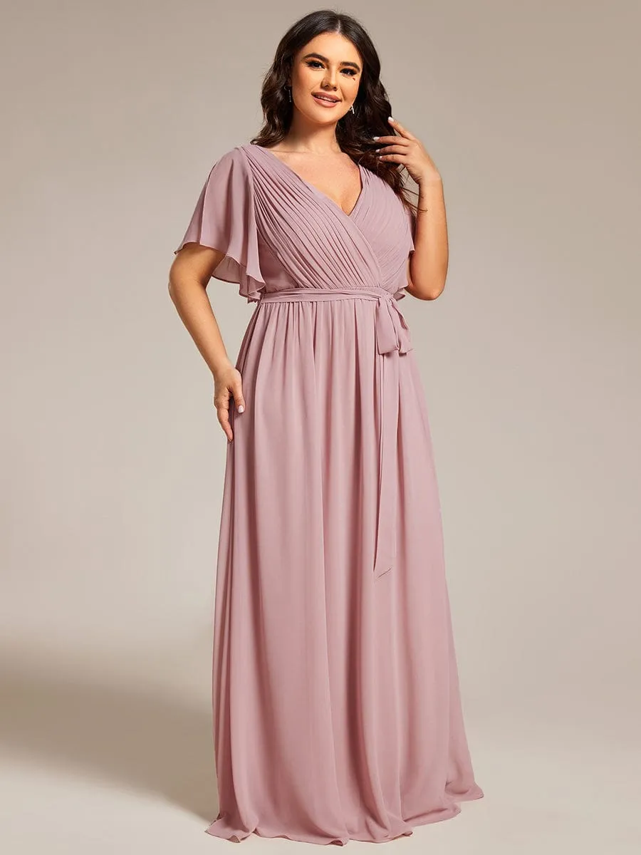Plus Size Ruffle Pleated Chiffon Tie-Waist Evening Dress