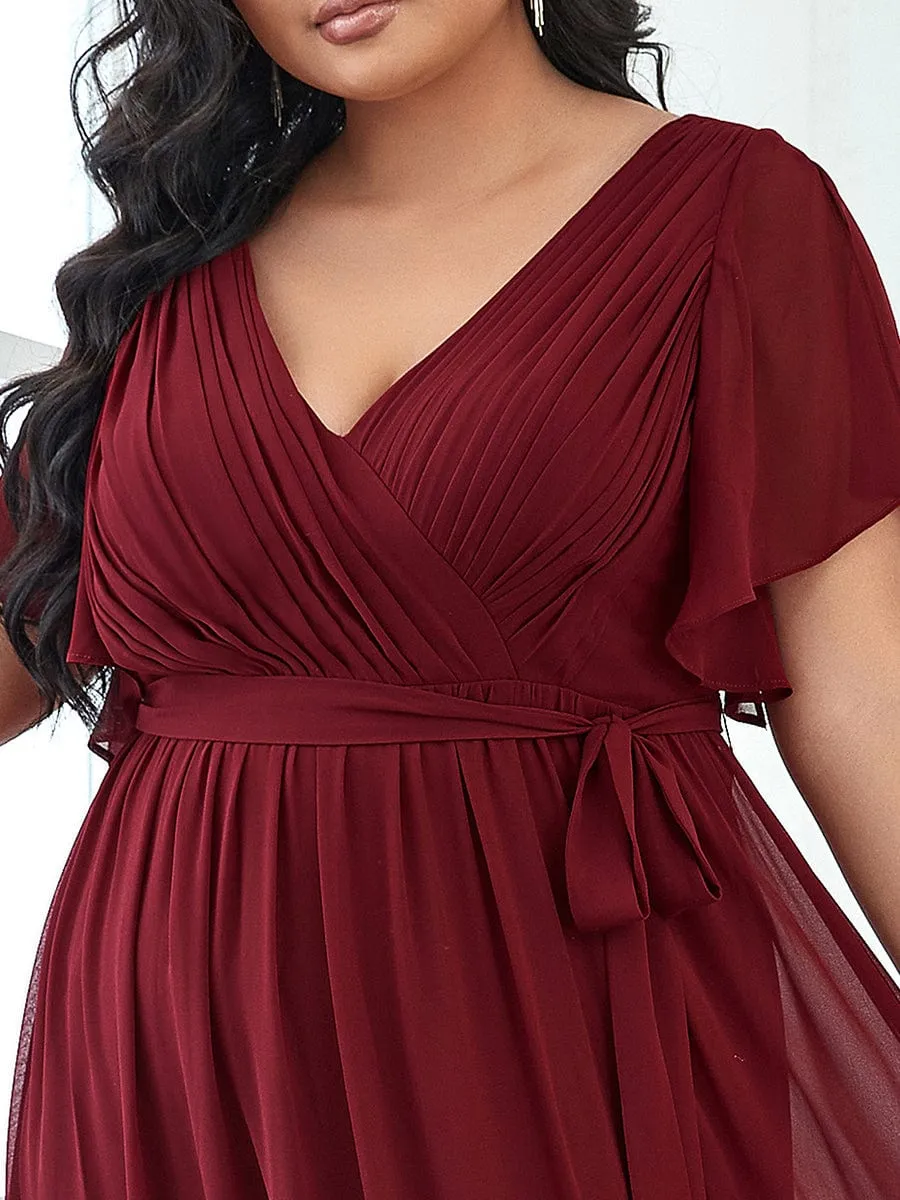 Plus Size Ruffle Pleated Chiffon Tie-Waist Evening Dress