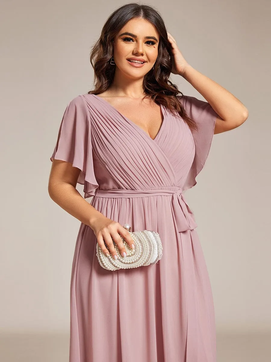 Plus Size Ruffle Pleated Chiffon Tie-Waist Evening Dress
