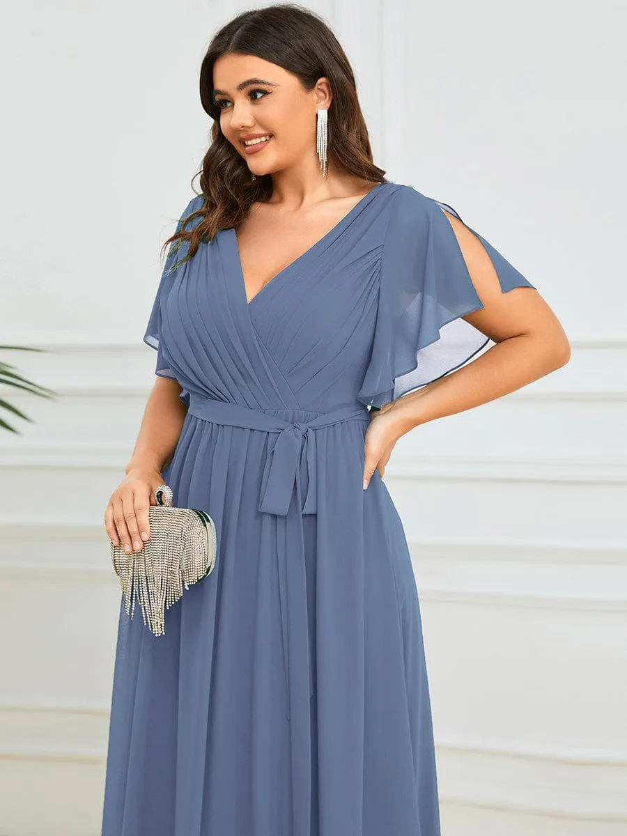 Plus Size Ruffle Pleated Chiffon Tie-Waist Evening Dress