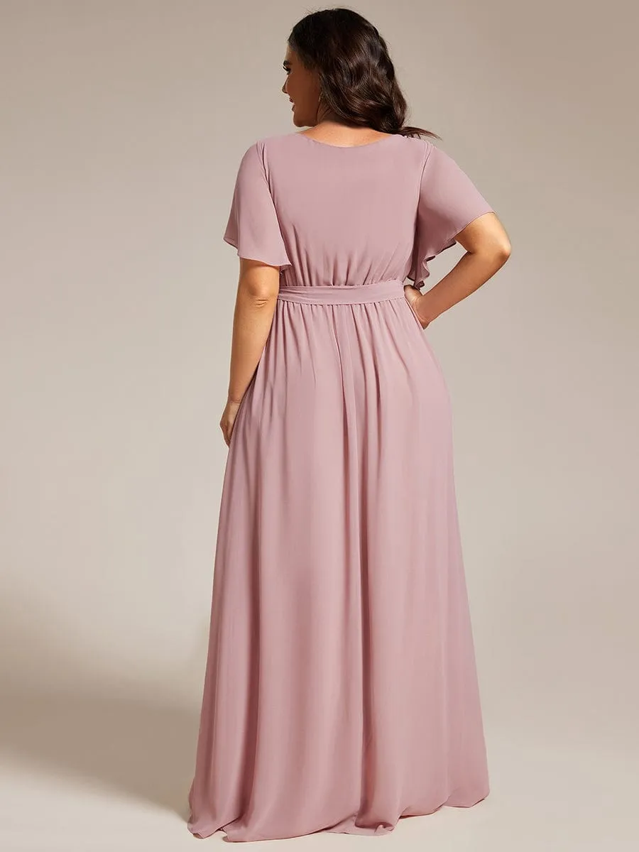 Plus Size Ruffle Pleated Chiffon Tie-Waist Evening Dress