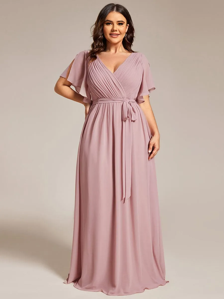 Plus Size Ruffle Pleated Chiffon Tie-Waist Evening Dress