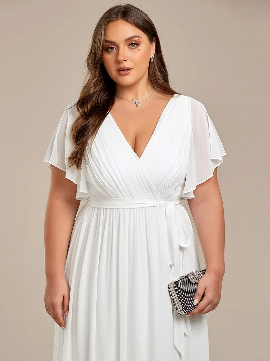Plus Size Ruffle Pleated Chiffon Tie-Waist Evening Dress