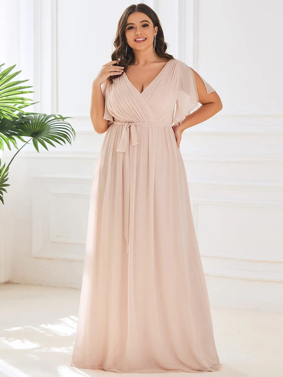 Plus Size Ruffle Pleated Chiffon Tie-Waist Evening Dress