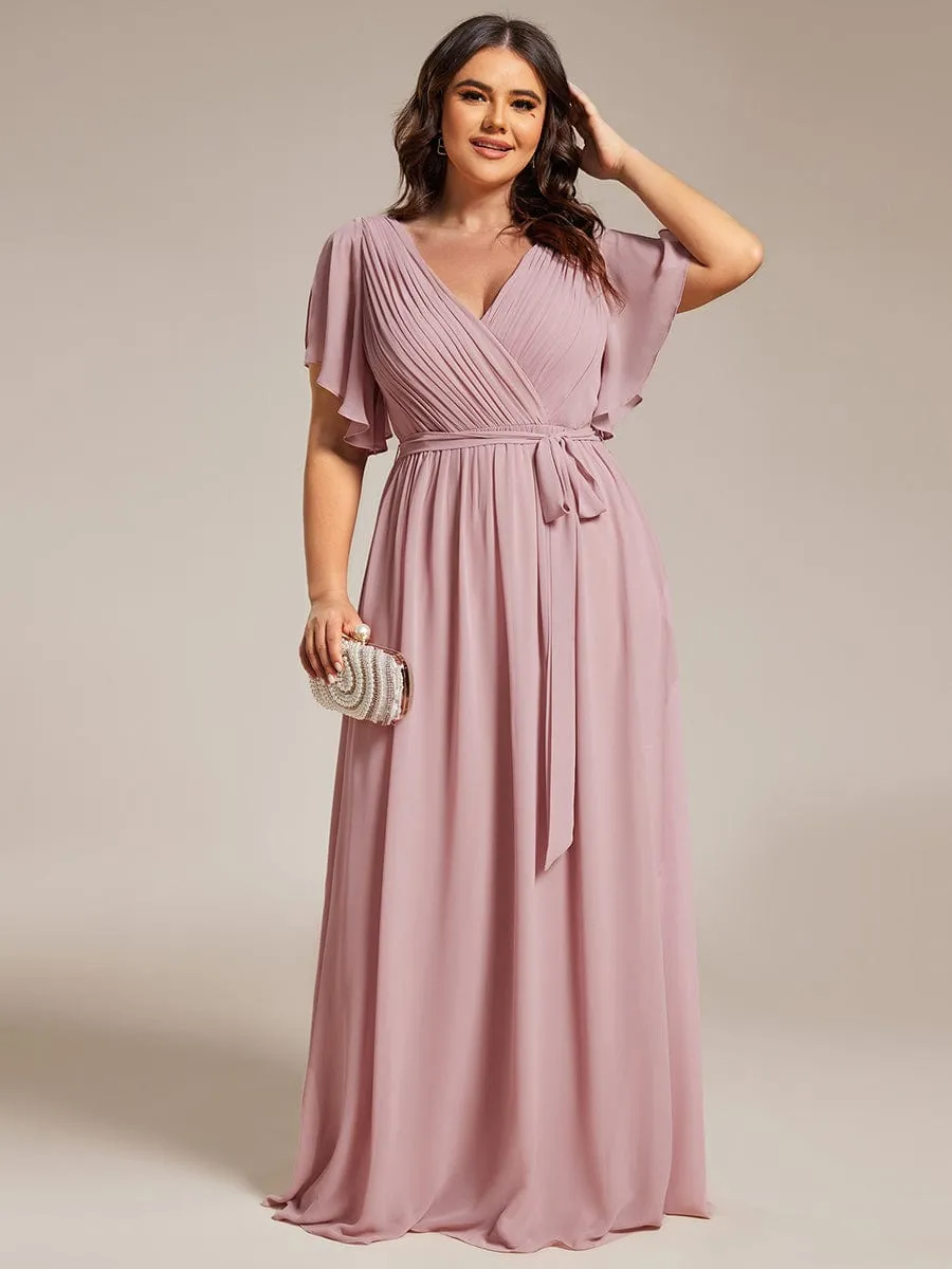 Plus Size Ruffle Pleated Chiffon Tie-Waist Evening Dress