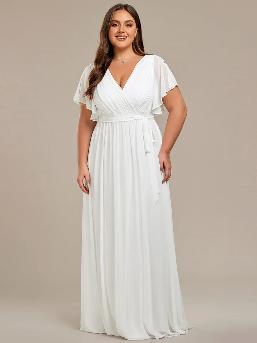 Plus Size Ruffle Pleated Chiffon Tie-Waist Evening Dress