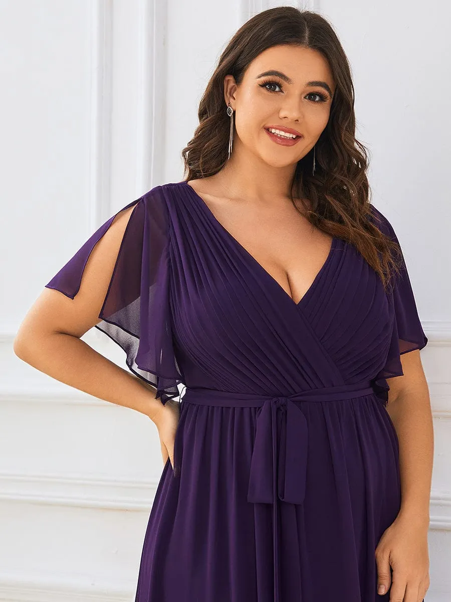 Plus Size Ruffle Pleated Chiffon Tie-Waist Evening Dress