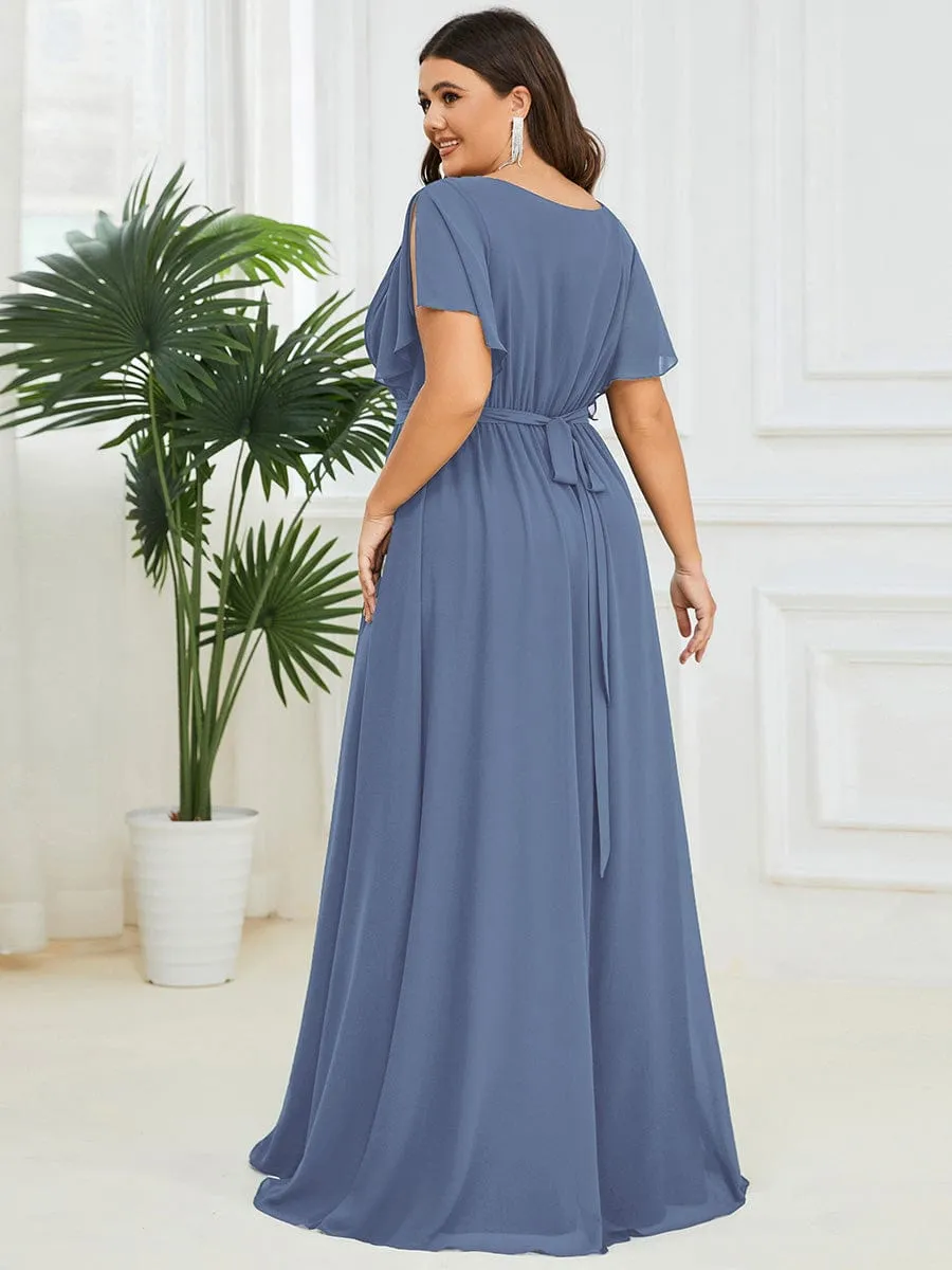 Plus Size Ruffle Pleated Chiffon Tie-Waist Evening Dress