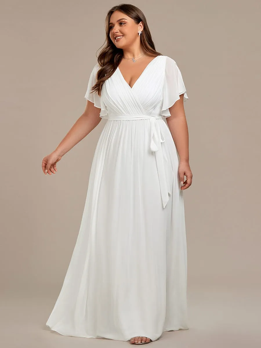 Plus Size Ruffle Pleated Chiffon Tie-Waist Evening Dress