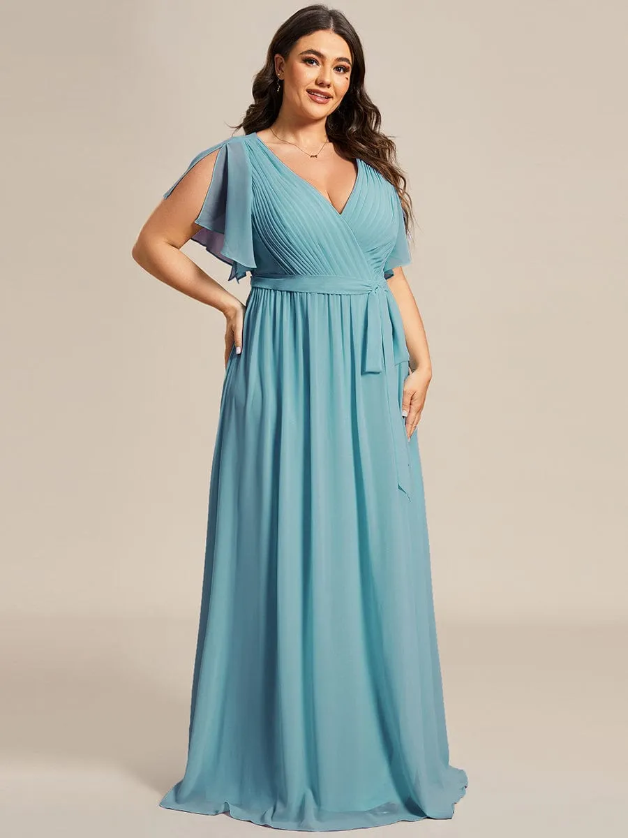 Plus Size Ruffle Pleated Chiffon Tie-Waist Evening Dress