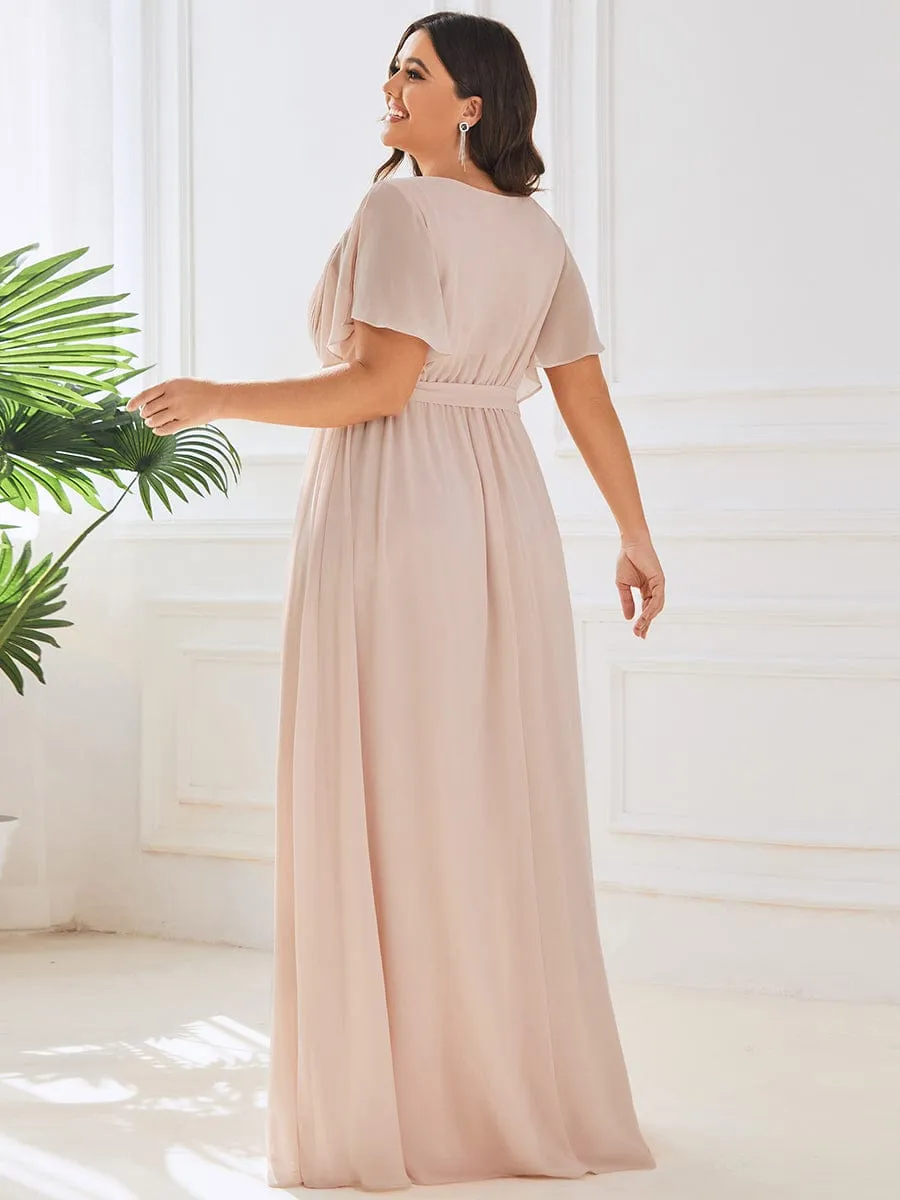 Plus Size Ruffle Pleated Chiffon Tie-Waist Evening Dress