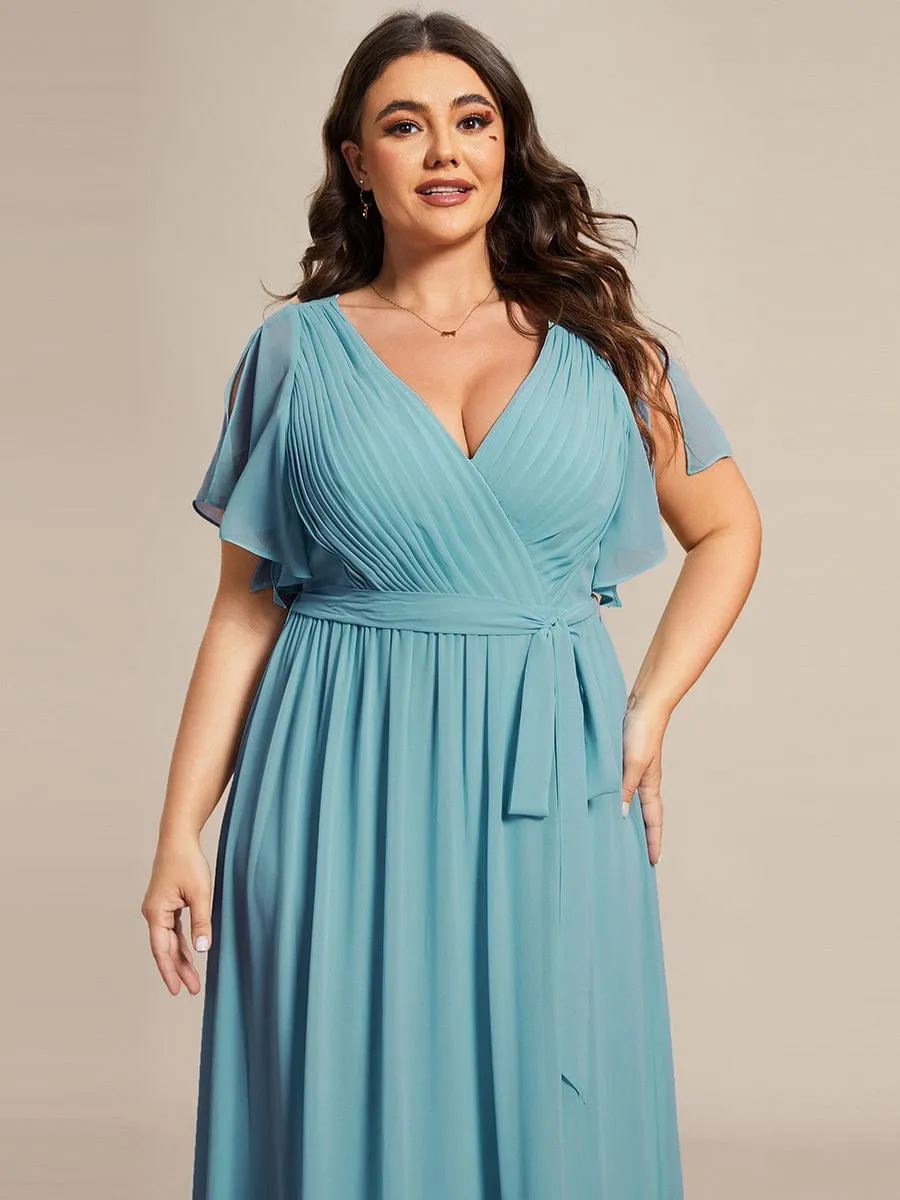 Plus Size Ruffle Pleated Chiffon Tie-Waist Evening Dress