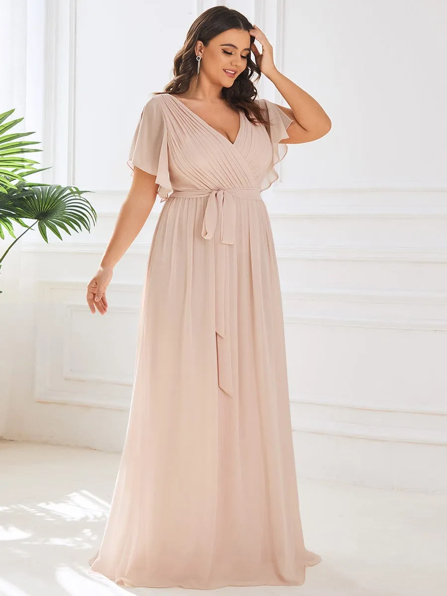 Plus Size Ruffle Pleated Chiffon Tie-Waist Evening Dress