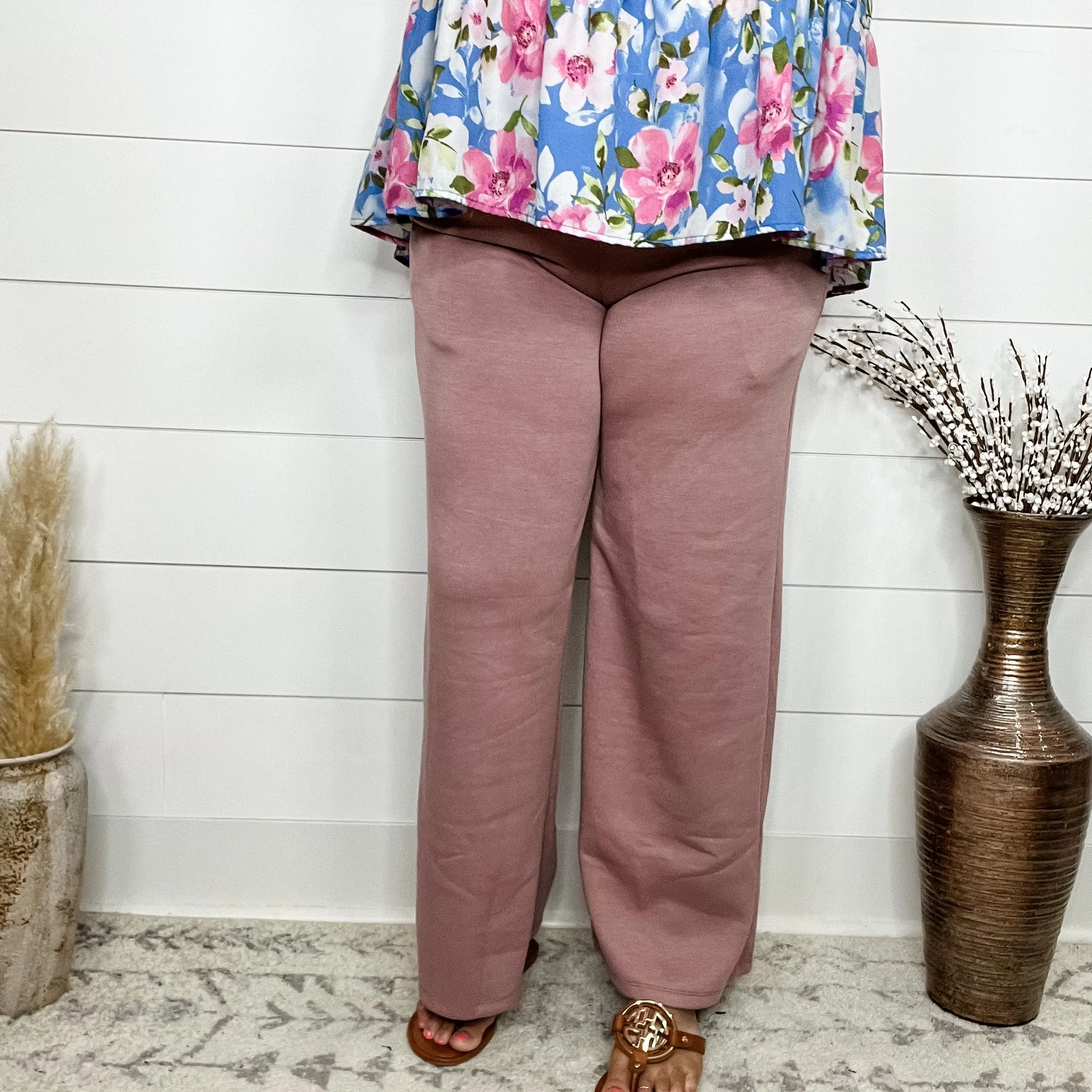"In Flight" Wide Leg Open Bottom Casual Pants with Pockets (Mauve)