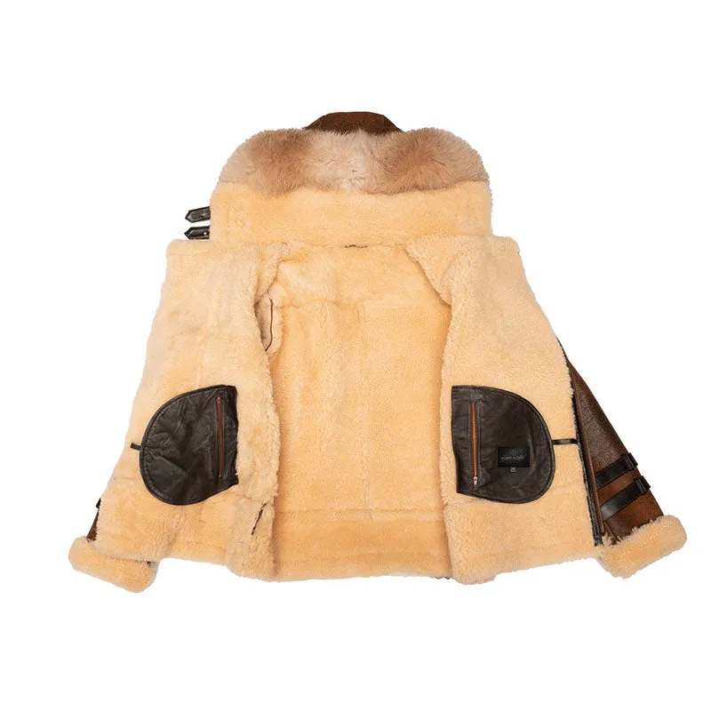 Rocco Vintage Distressed Brown Aviator bomber shearling jacket with hoodie