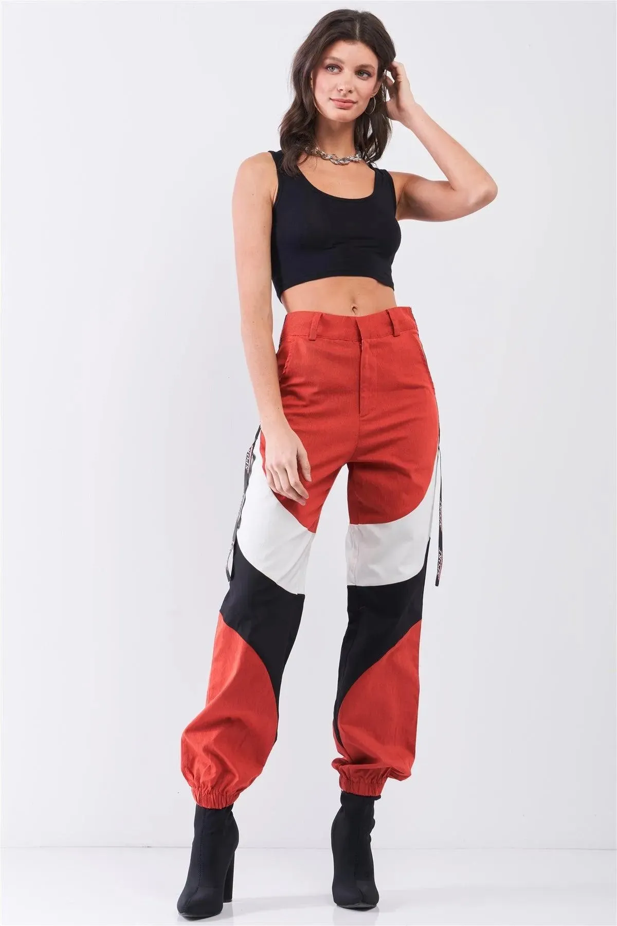 Rust Red High Waist Sport Print Detail Parachute Cargo Pants /3-2-1