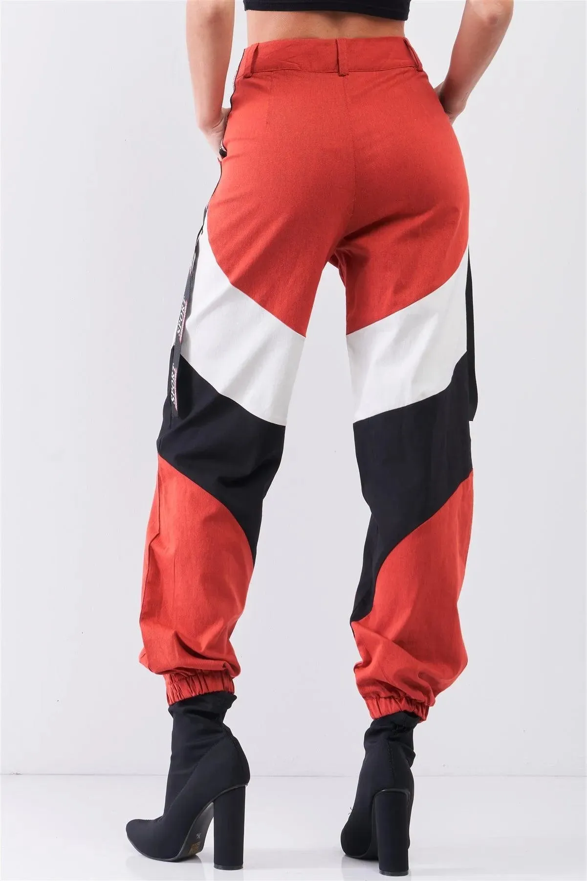Rust Red High Waist Sport Print Detail Parachute Cargo Pants /3-2-1