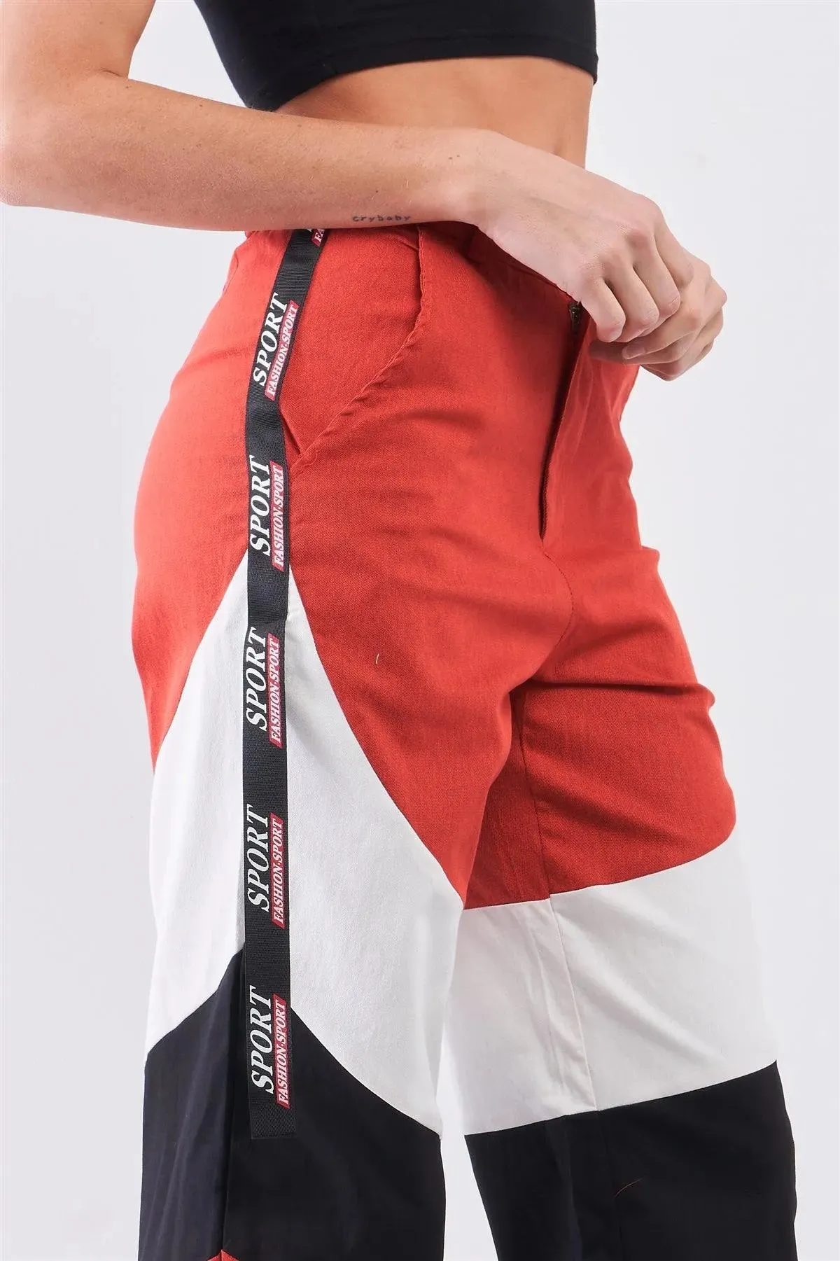 Rust Red High Waist Sport Print Detail Parachute Cargo Pants /3-2-1